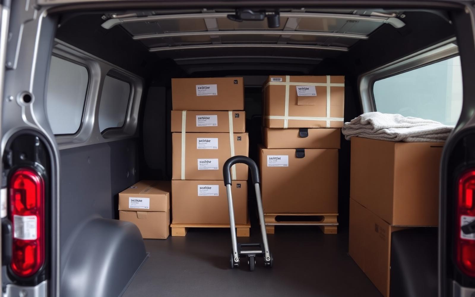 Interior of an NCP removals van with securely loaded boxes